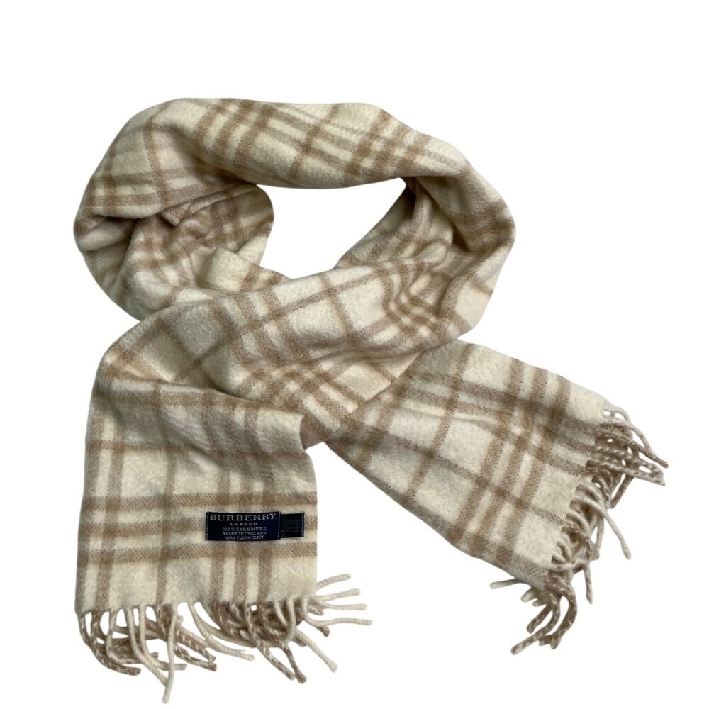 Burberry Novacheck Beige Cream Cashmere Knit Fringe Scarf